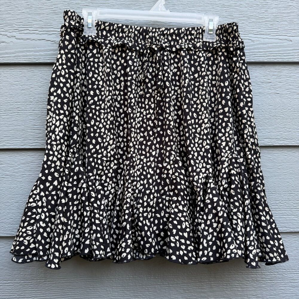 ODIFL 1X Mini Skirt Women Black White Polyester Leopard Print Ruffled Flare